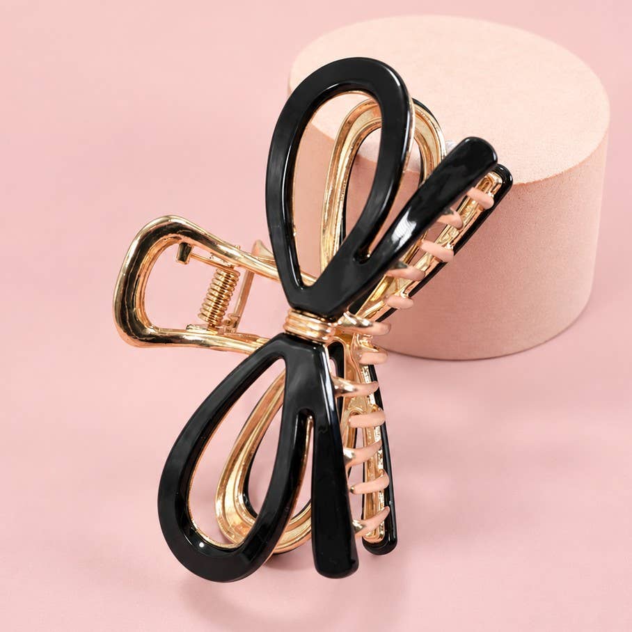 Open Ribbon Bow Gold-Tone Metal Hair Claw Clips