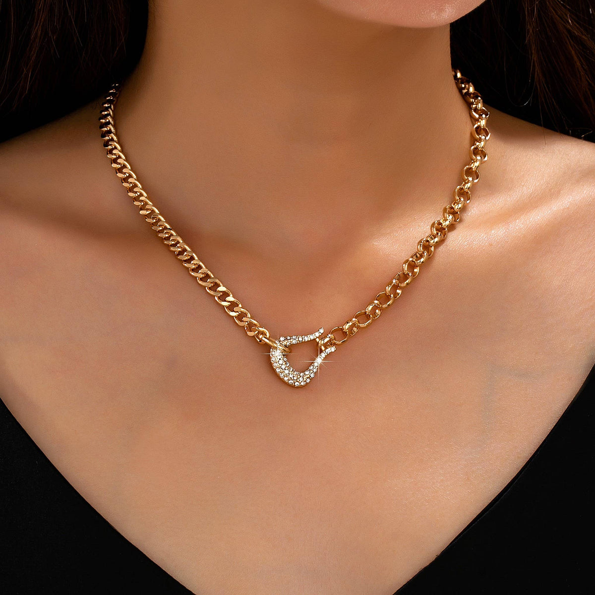 Pave Crystal Horseshoe Carabiner Mixed Necklace | 80N95006
