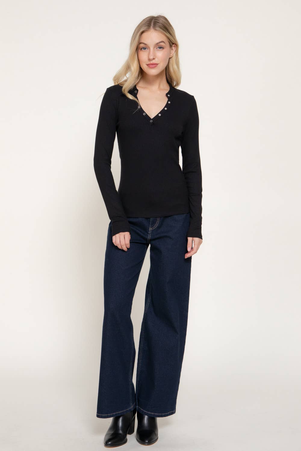 Long Sleeve Henley Neck Ribbed Top