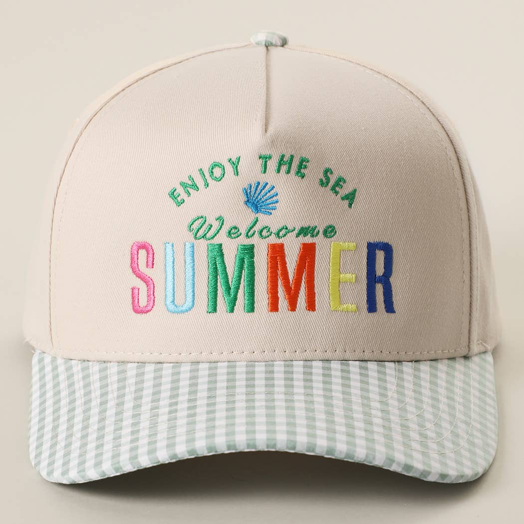 Welcome SUMMER Embroidered Gingham Trucker Hat