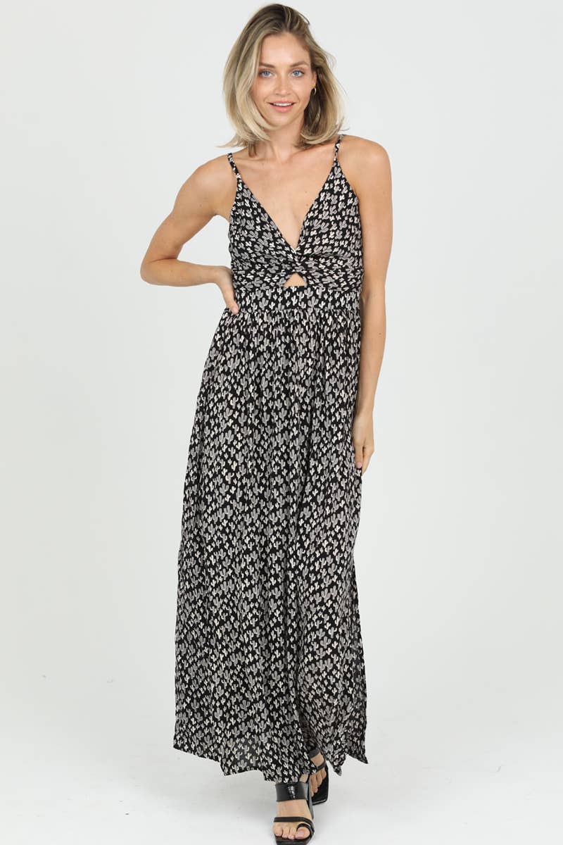 F4B48-W980 V NECK TWIST FRONT MAXI DRESS WITH CUTOUT