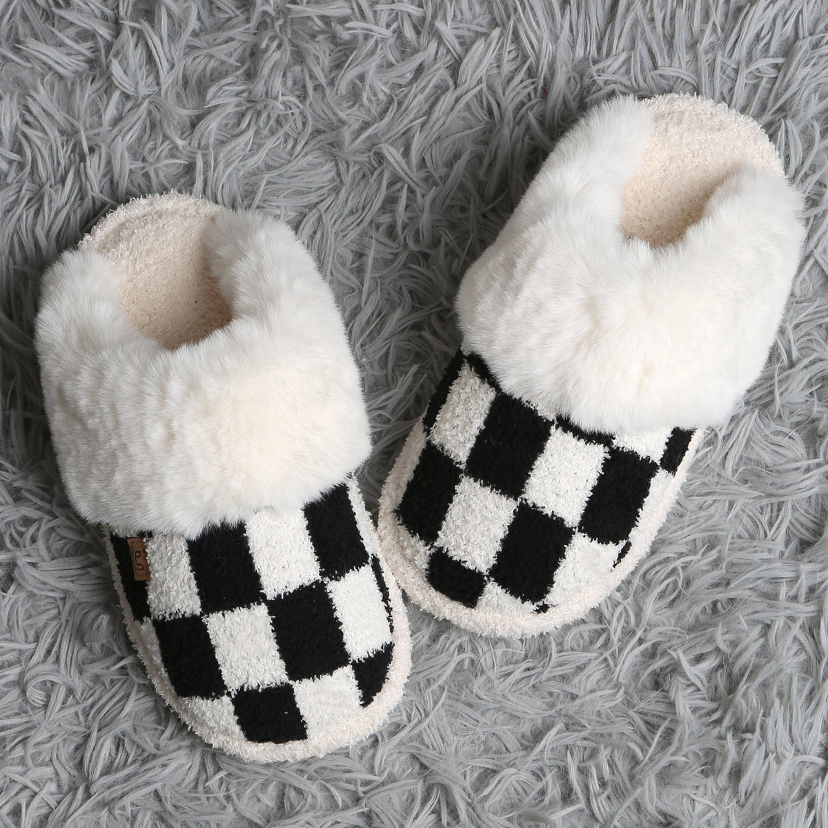 Checkered Faux Fur Cuff Mule Winter Slippers
