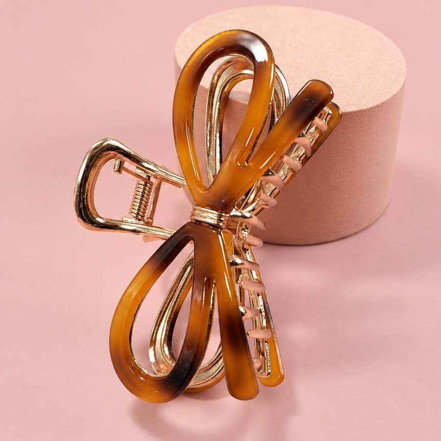 Open Ribbon Bow Gold-Tone Metal Hair Claw Clips