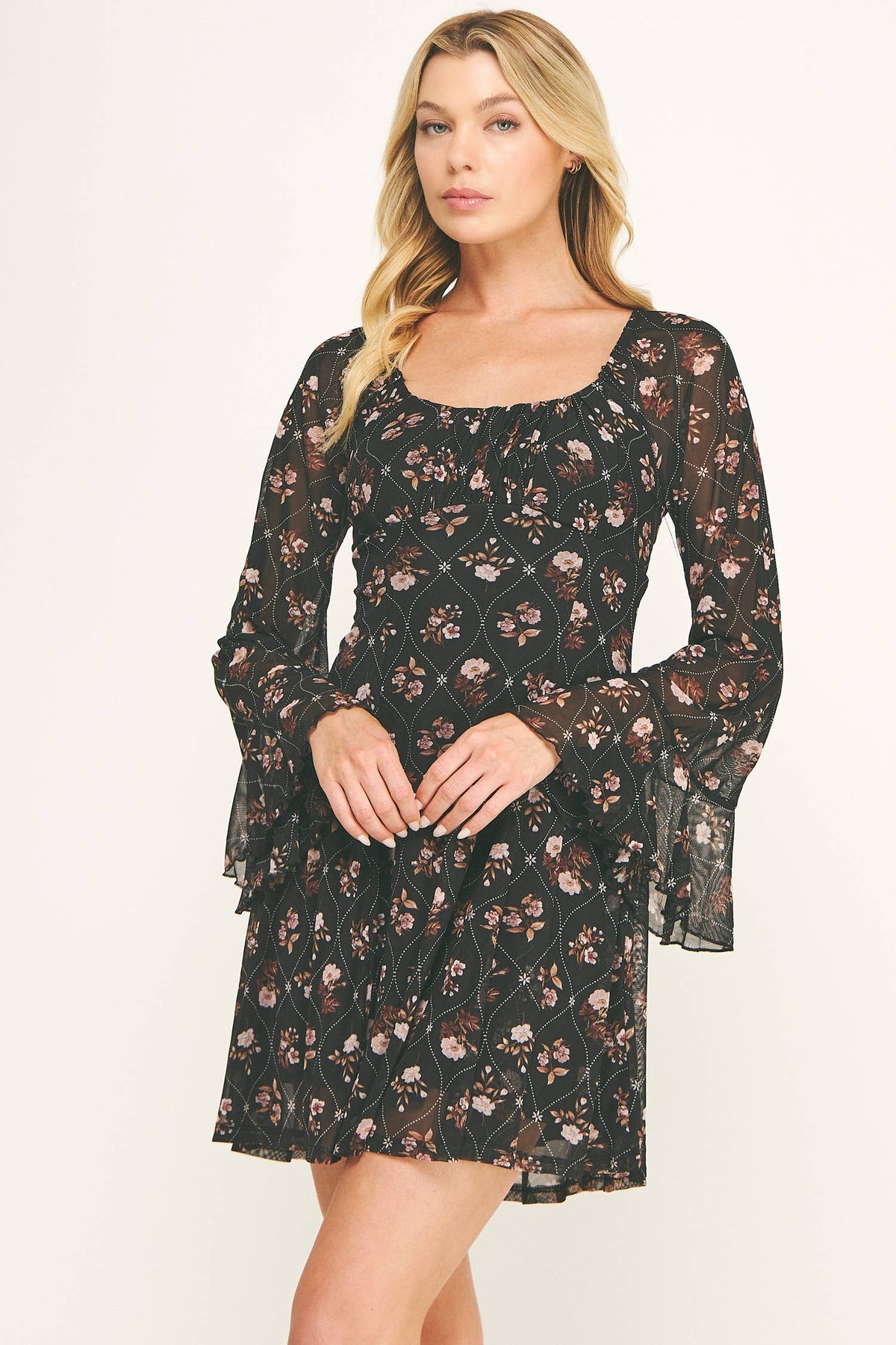 FLORAL MESH BELL SLEEVE FIT & FLARE DRESS