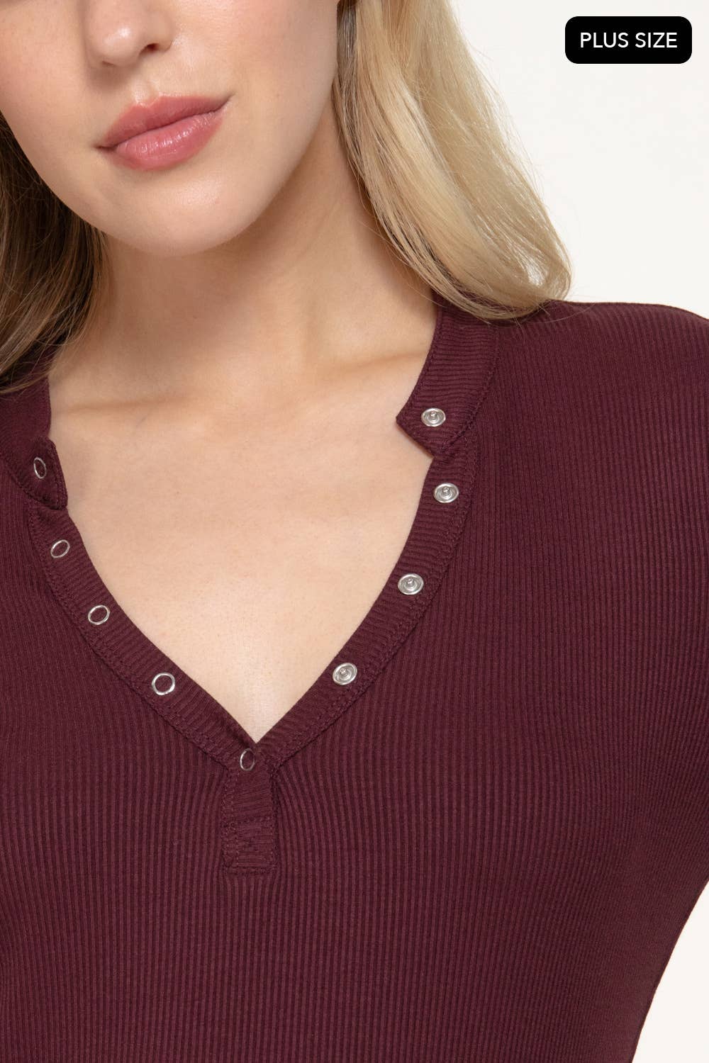 [PLUS SIZE] Long Sleeve Henley Neck Ribbed Top