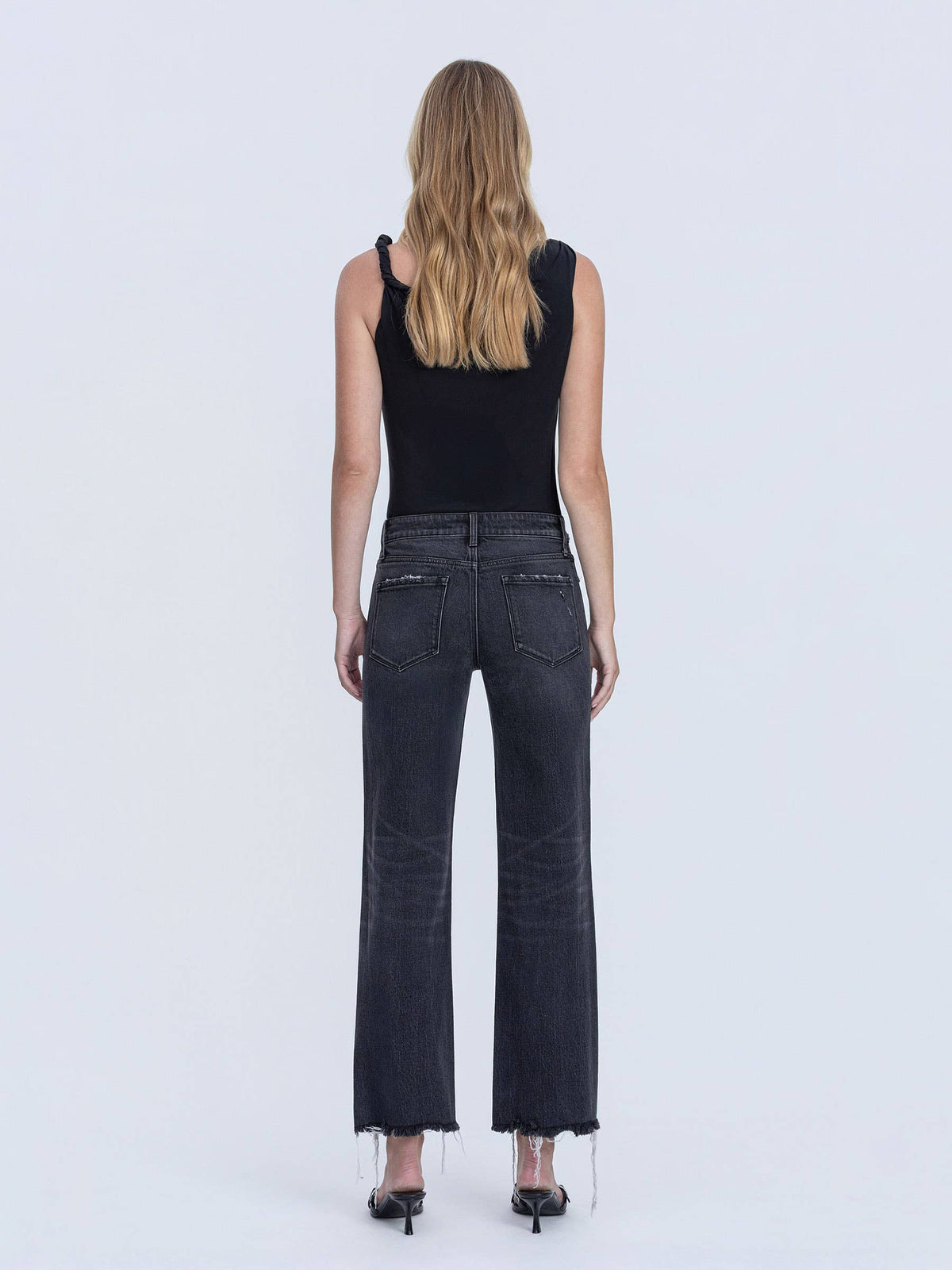 BAILEY MID RISE RAW DISTRESSED HEM BLACK SLIM WIDE JEANS T7302BK