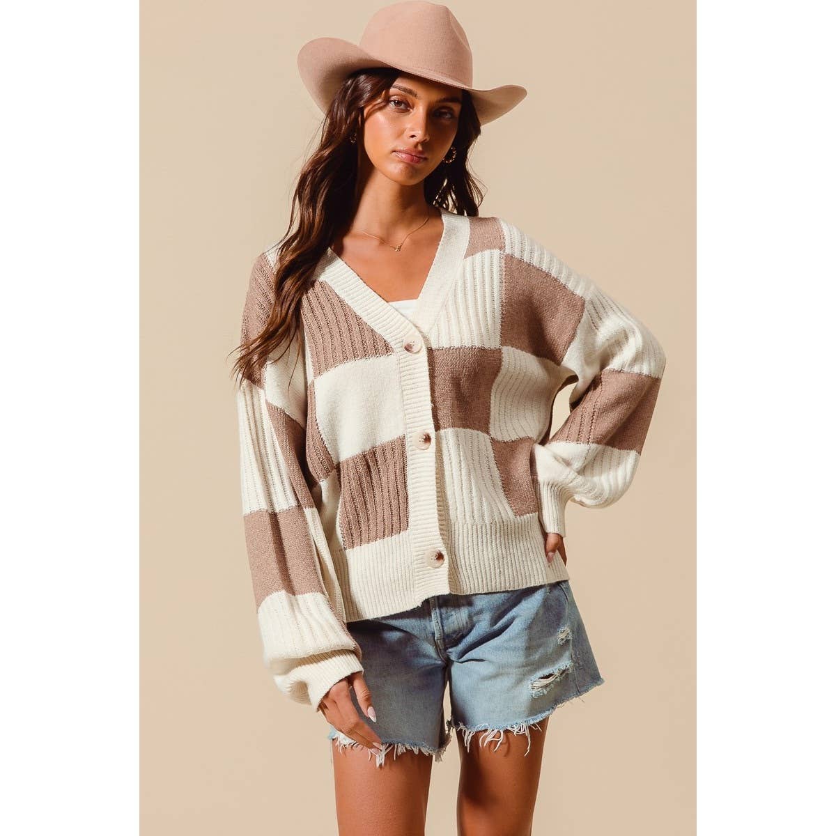 CHECKERED BUTTON FRONT TEXTURED SWEATER CARDIGAN