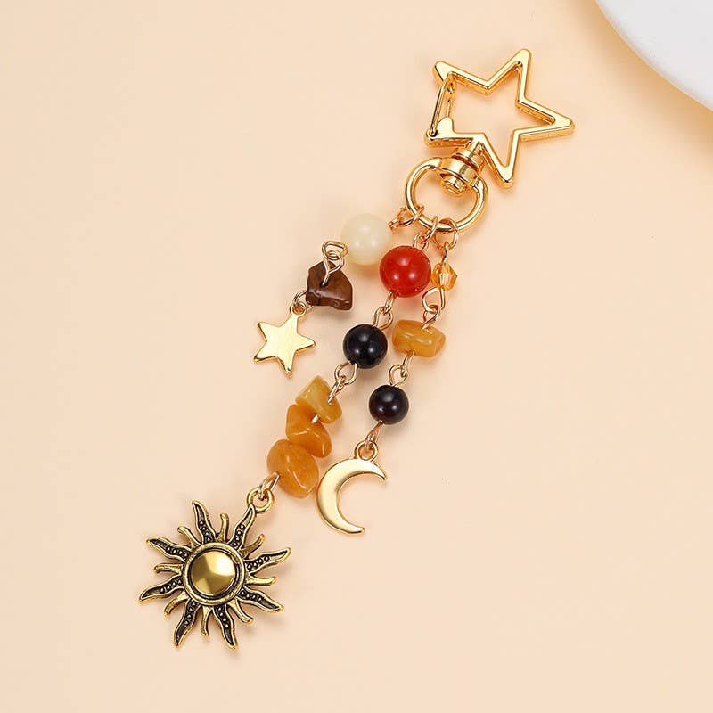 STAINLESS CELESTIAL SUN MOON STAR BEADED KEYCHAIN | 40KC188