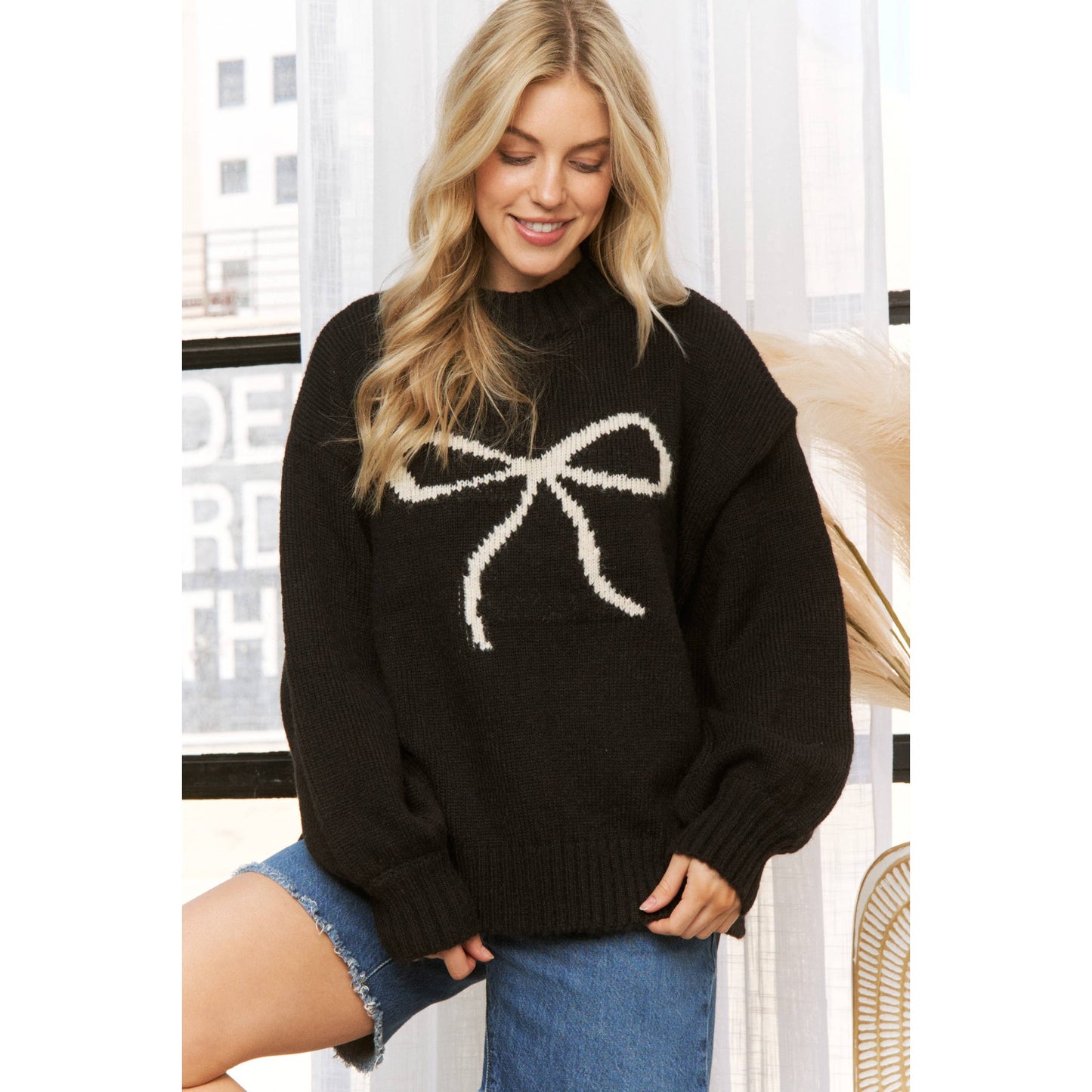 BIG BOW CONTRAST JAQUARD SWEATER PULLOVER