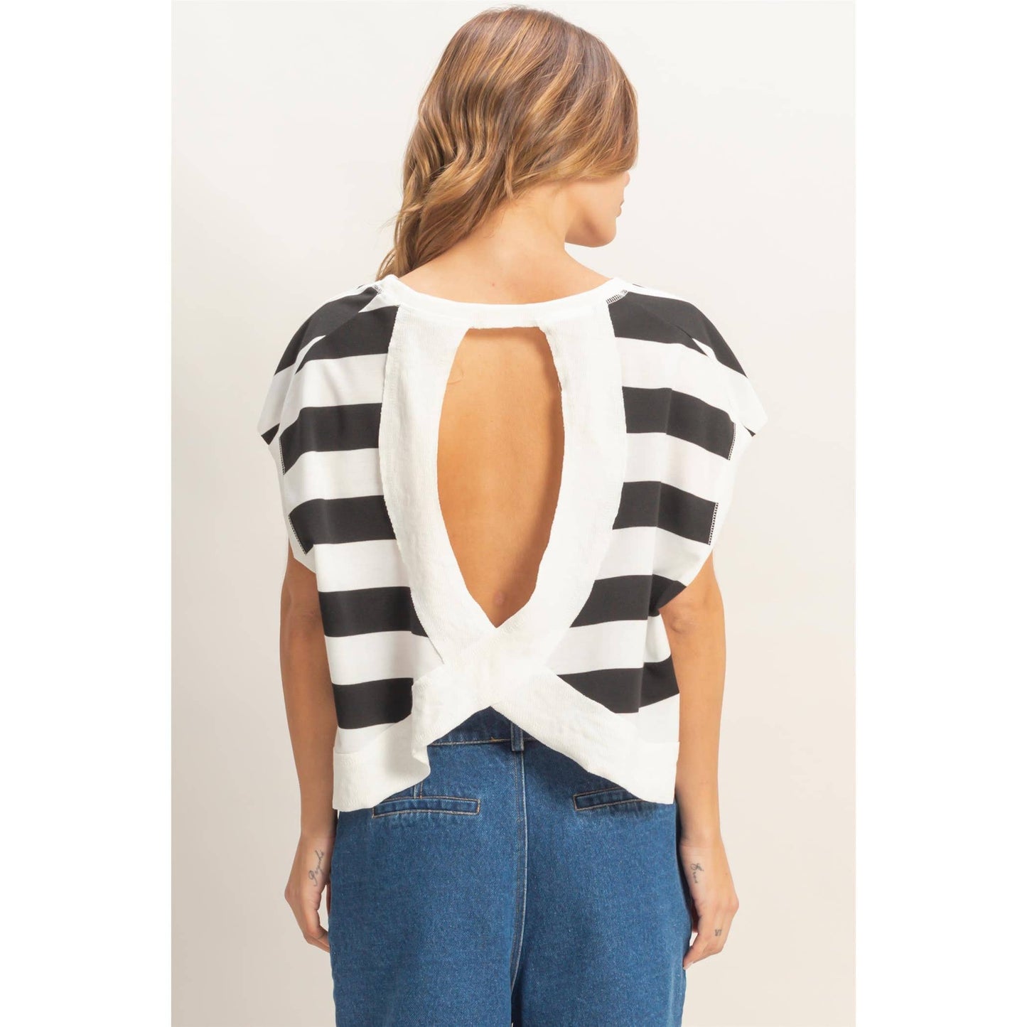 Striped open backCrew Neck Top