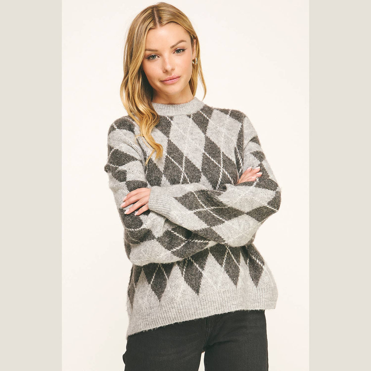 CHECKERED CREW NECK LONG SLEEVE PULLOVER SWEATER