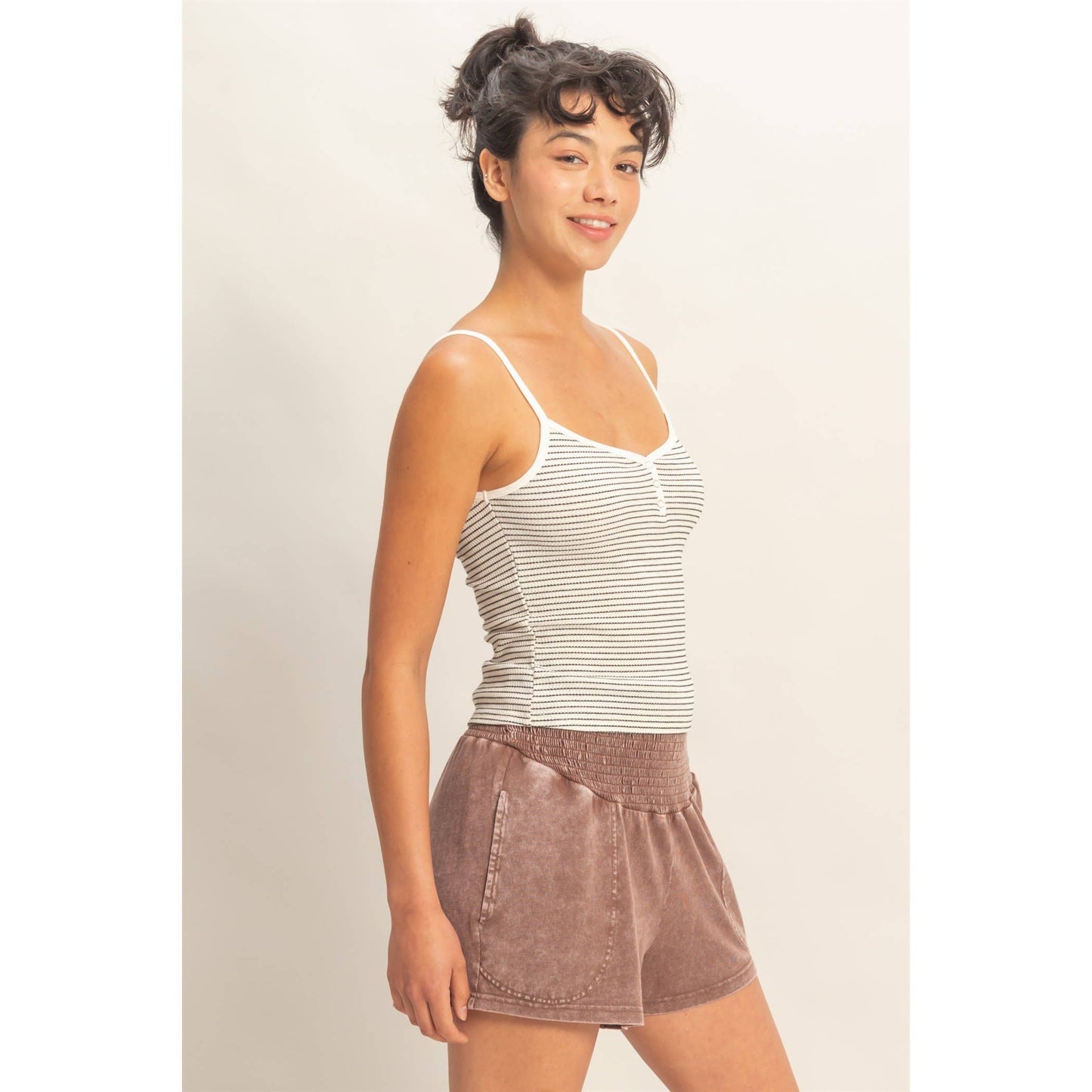 Striped Snap-Button Henley Cami Top