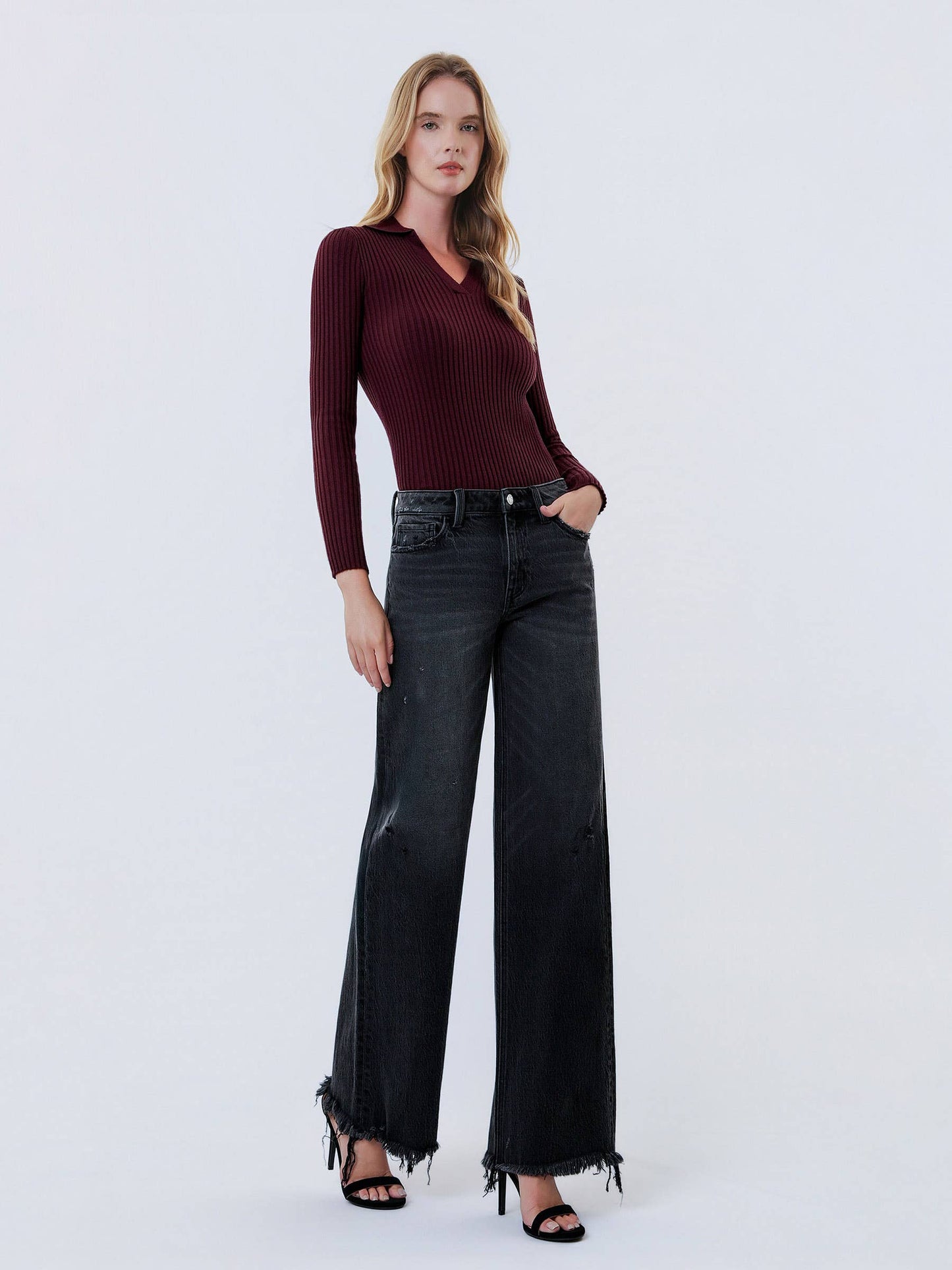 JANE MID RISE DISTRESSED HEM BLACK WIDE LEG  JEANS T7320BK