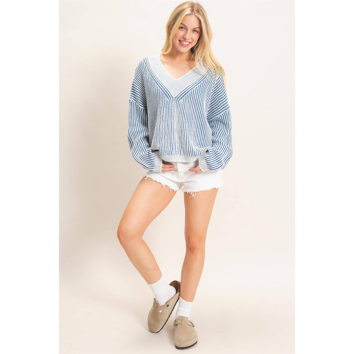 Striped V-Neck Ribbed Sweater