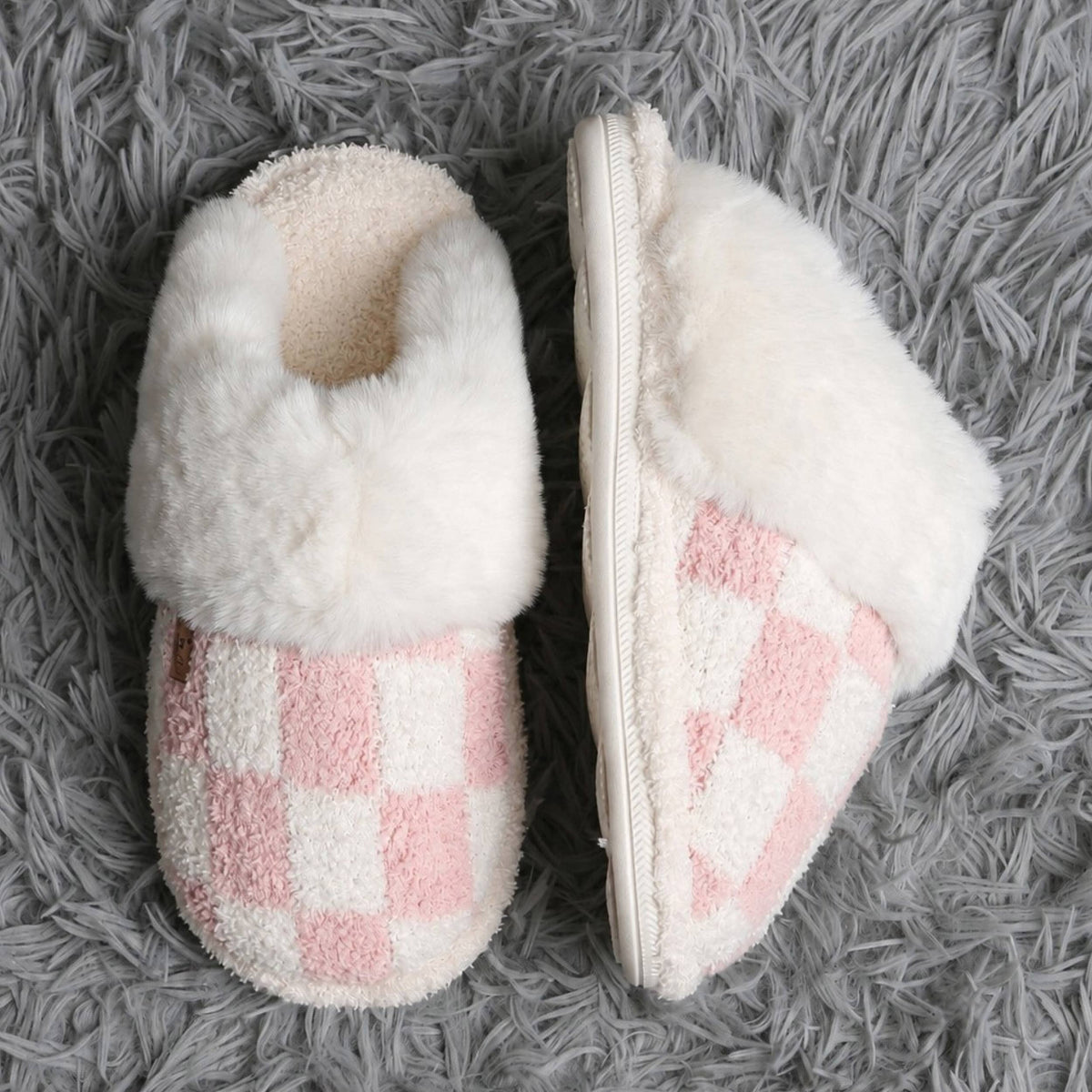 Checkered Faux Fur Cuff Mule Winter Slippers
