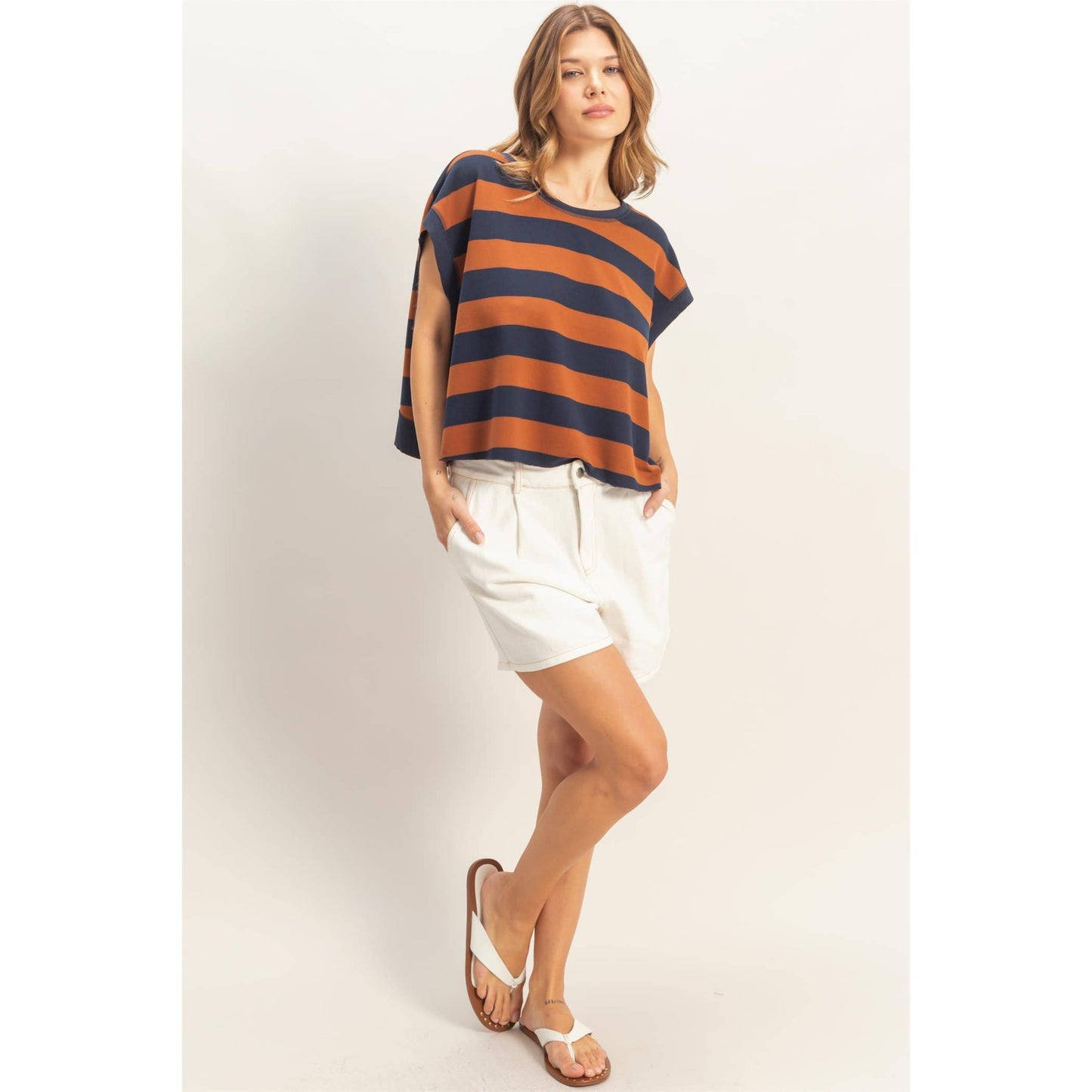 Striped open backCrew Neck Top