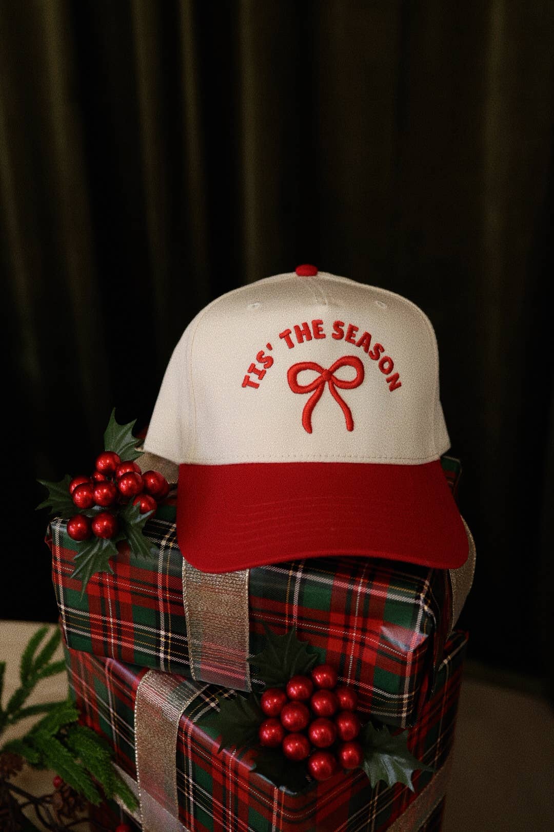 Tis The Season 3D puff embroidered bow hat