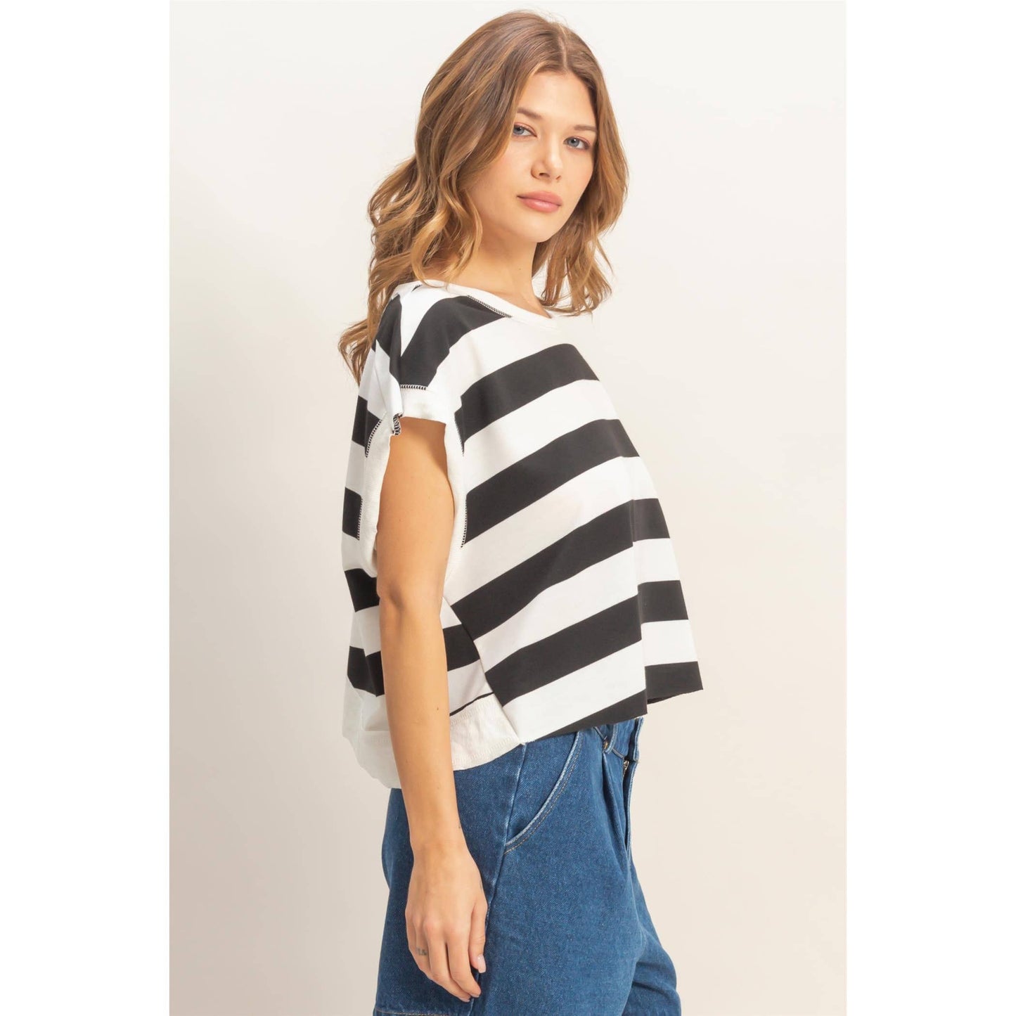 Striped open backCrew Neck Top