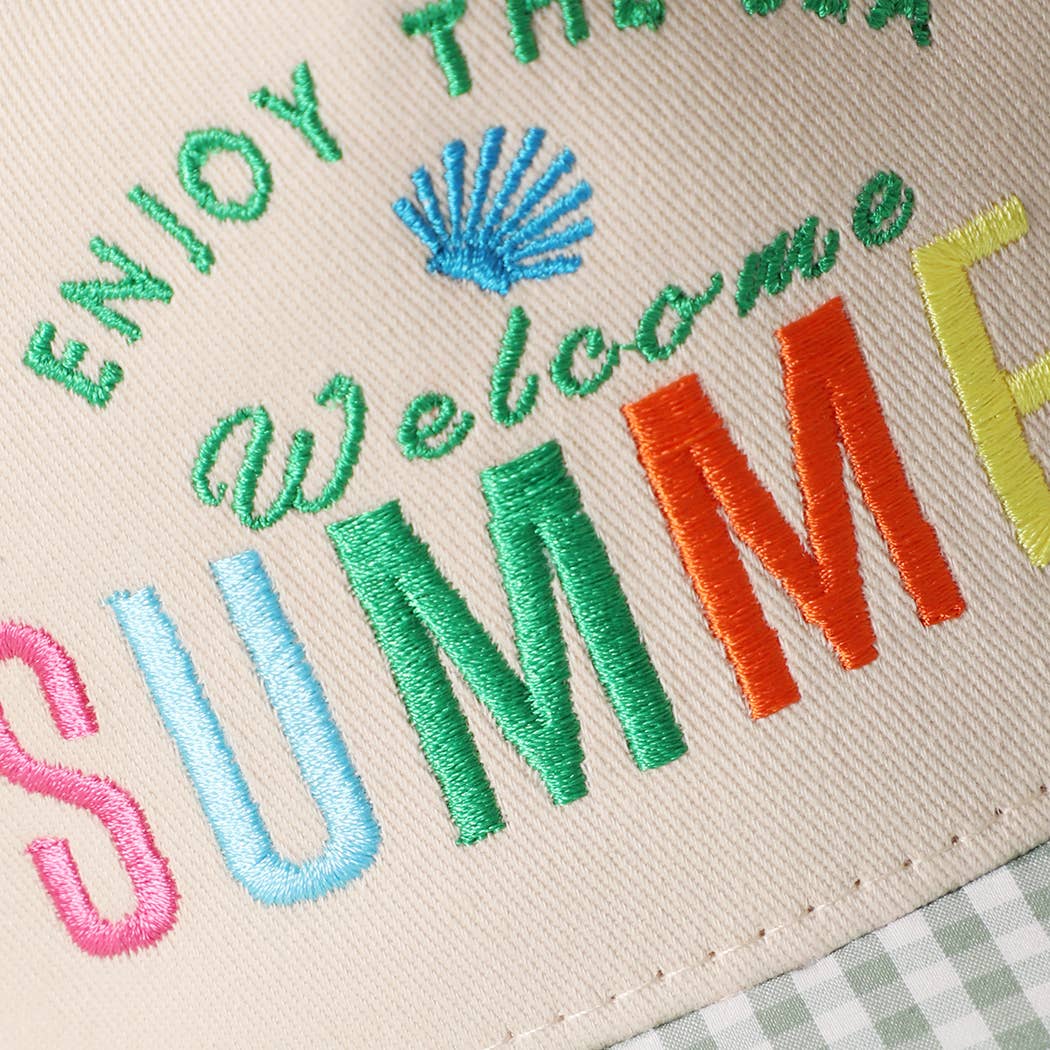 Welcome SUMMER Embroidered Gingham Trucker Hat