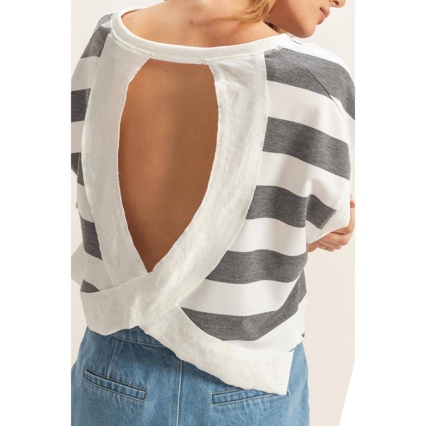 Striped open backCrew Neck Top