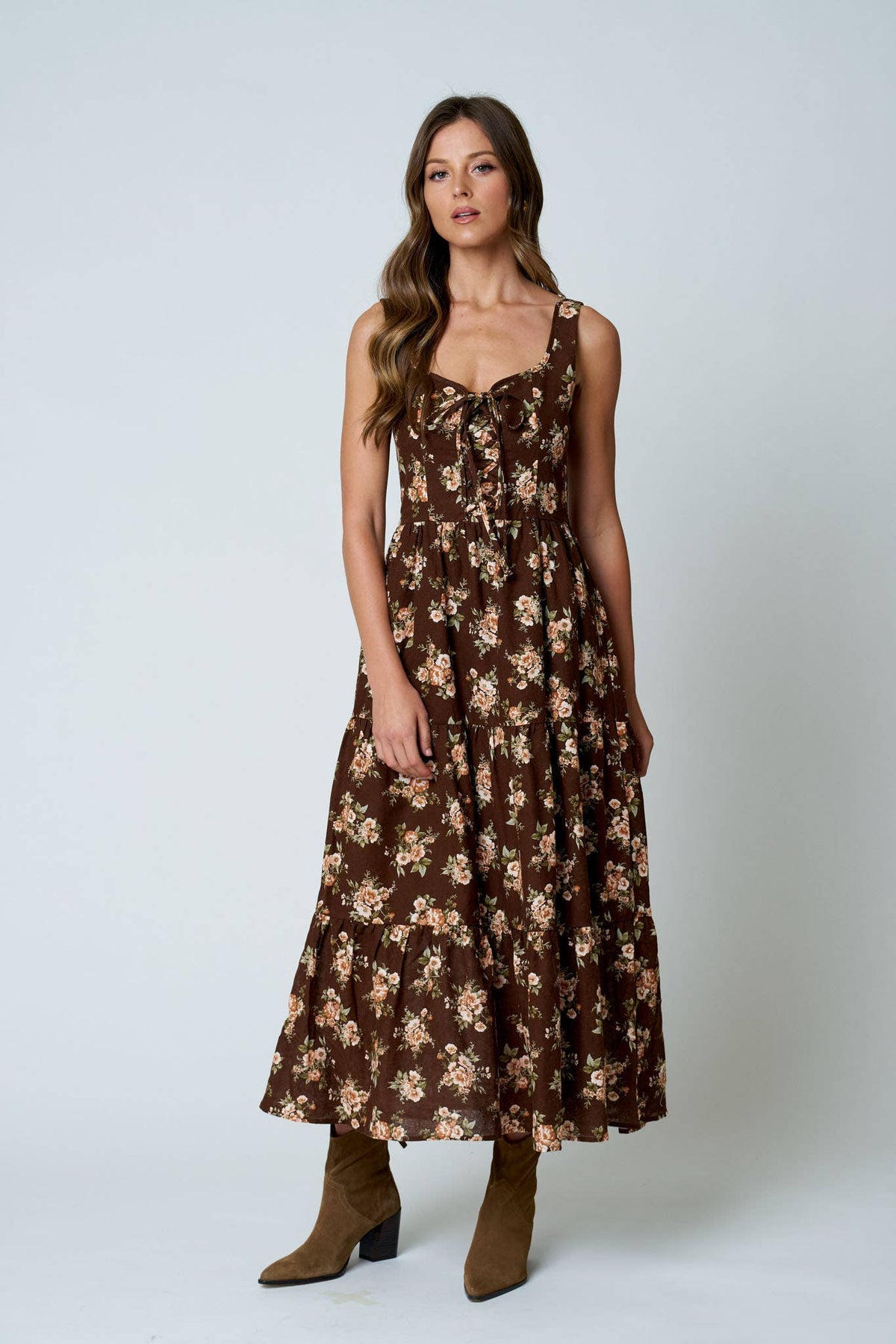 (PRE-ORDER)FLORAL FRONT LACE UP CORSET SLEEVELESS MIDI DRESS