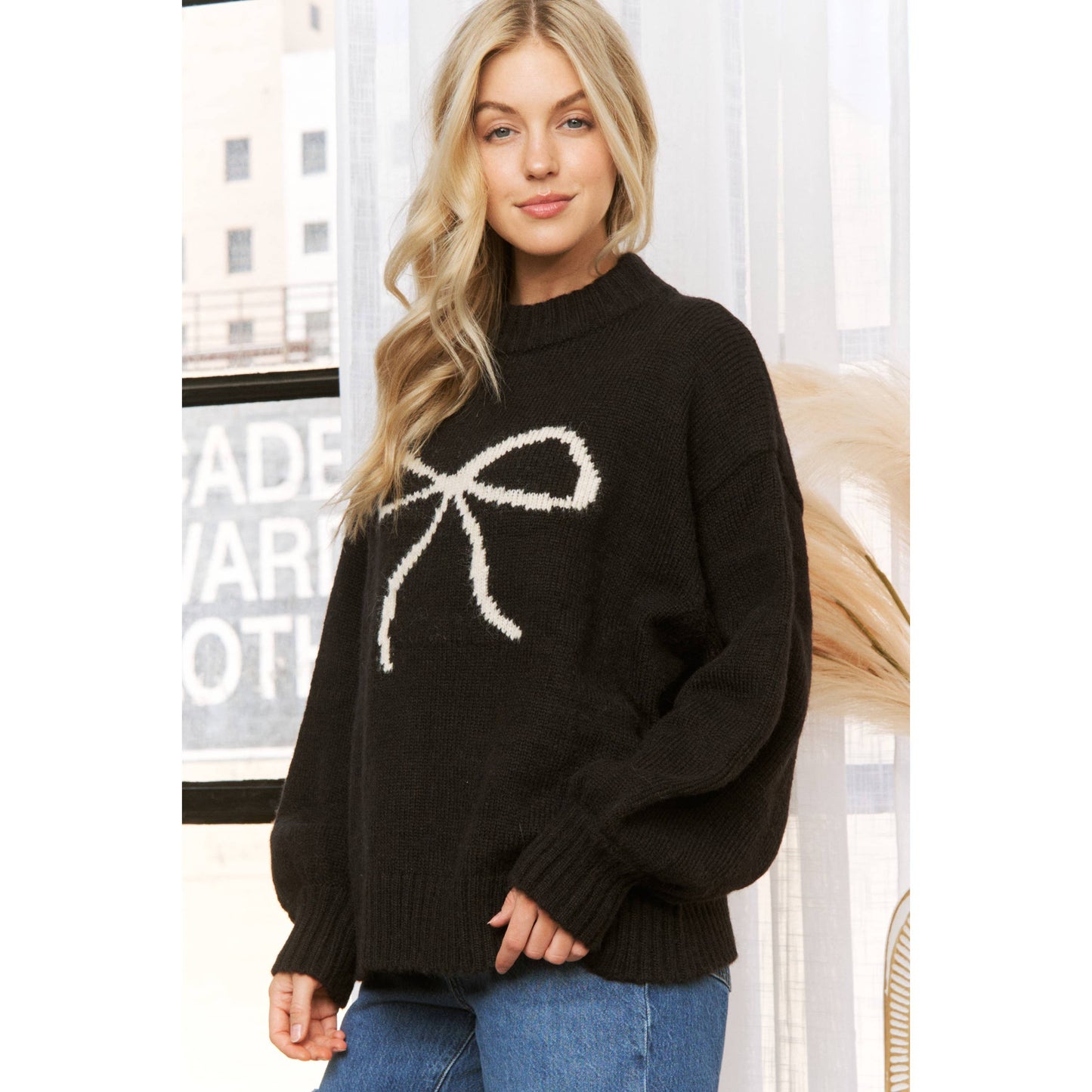 BIG BOW CONTRAST JAQUARD SWEATER PULLOVER