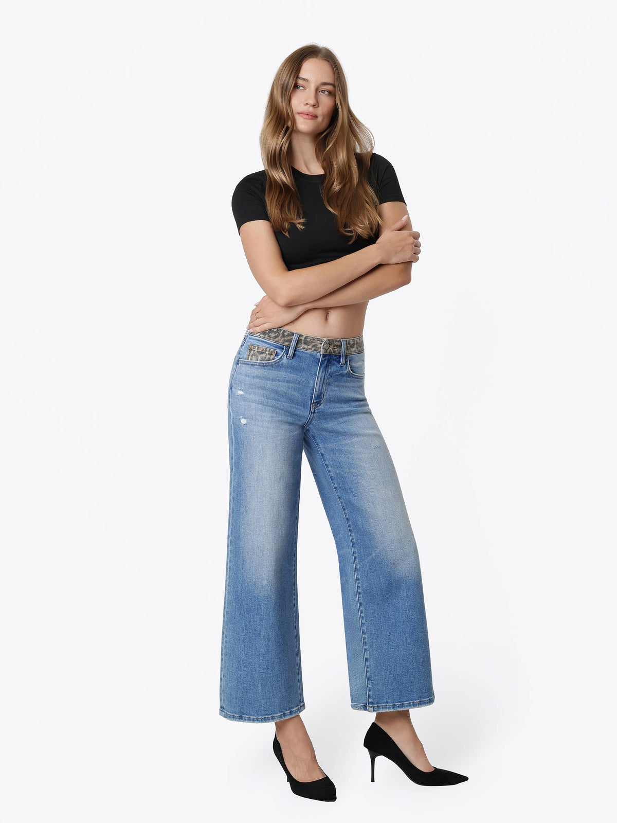 HIGH RISE LEOPARD PRINT WAISTBAND ANKLE WIDE JEANS T7630LPD