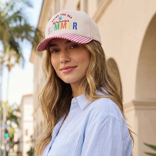 Welcome SUMMER Embroidered Gingham Trucker Hat