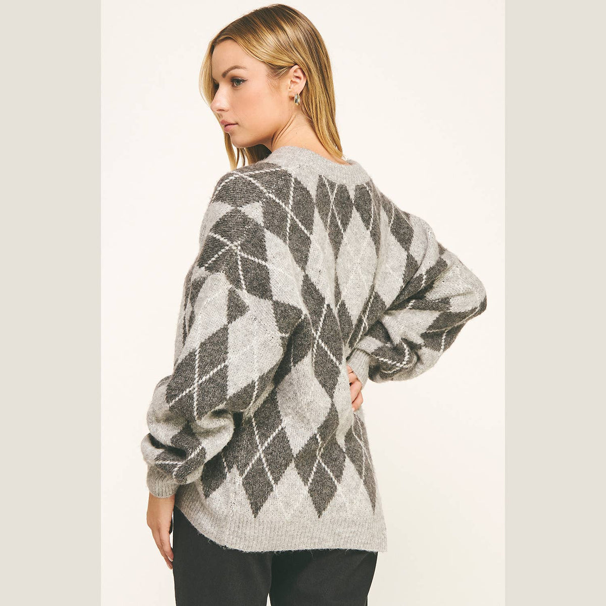CHECKERED CREW NECK LONG SLEEVE PULLOVER SWEATER