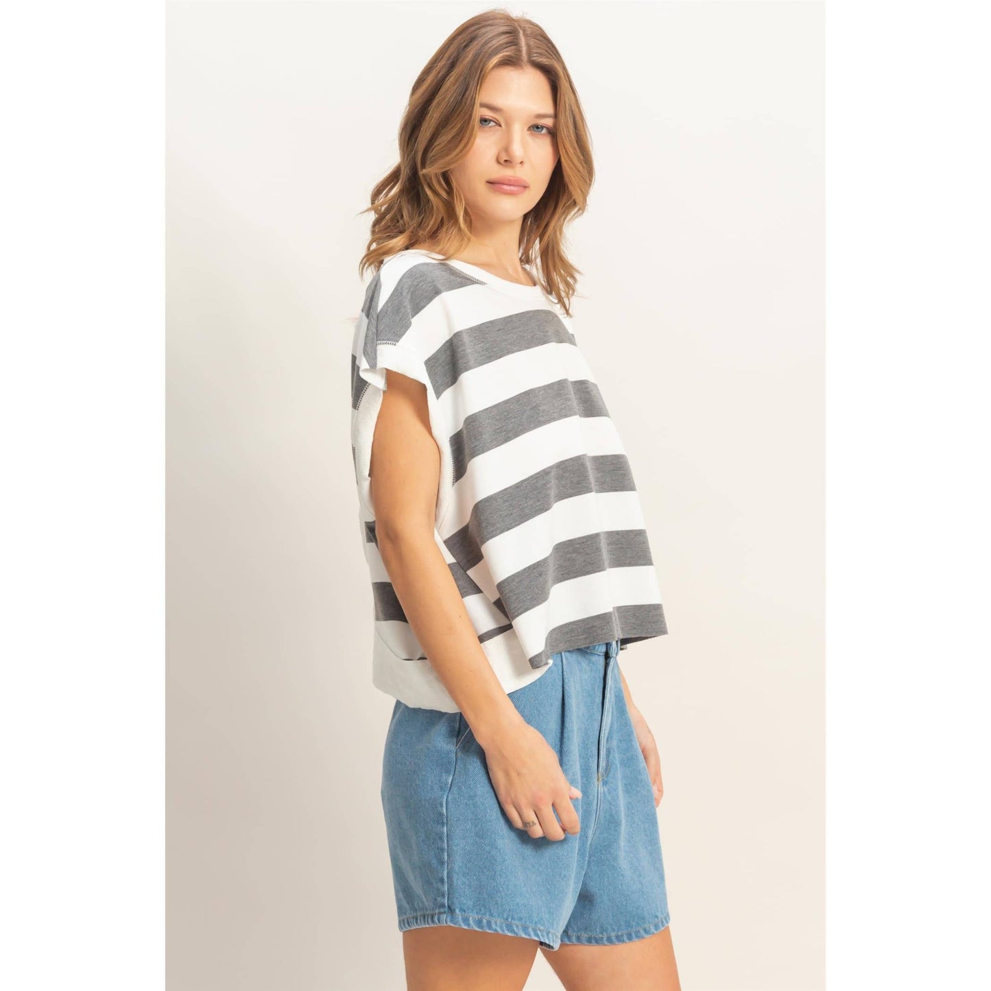 Striped open backCrew Neck Top