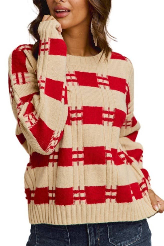 Red Stripe Crew Neck Sweater Knit Top