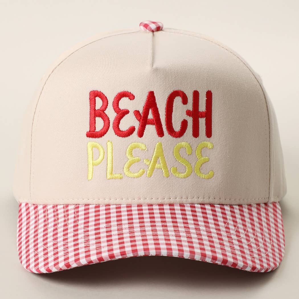 BEACH PLEASE Embroidered Gingham Brim Trucker Hat