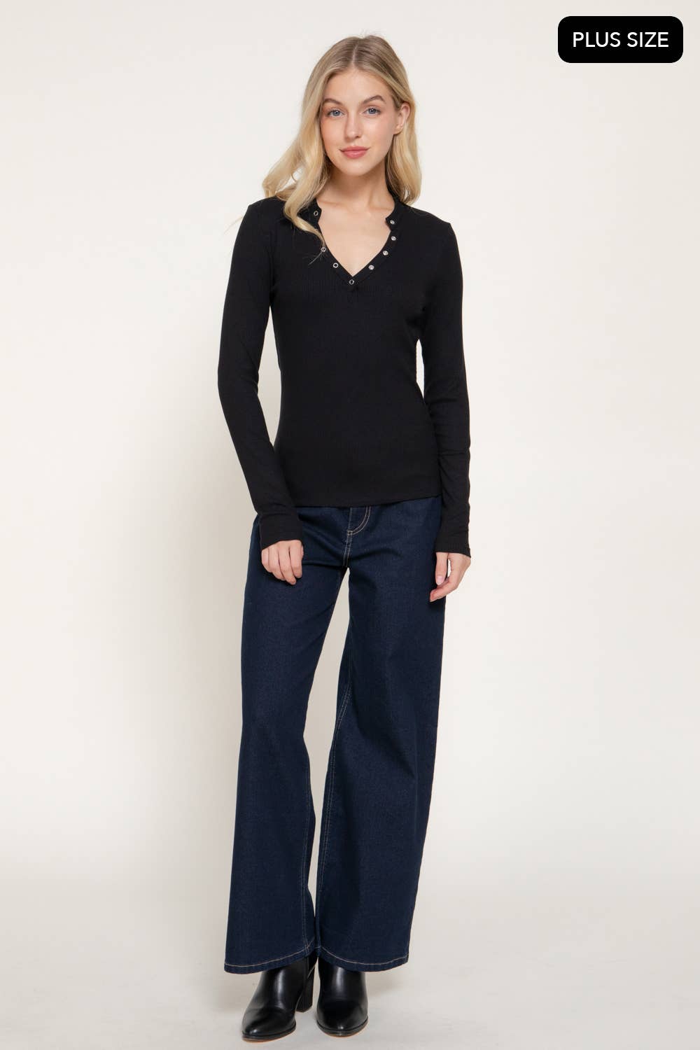 [PLUS SIZE] Long Sleeve Henley Neck Ribbed Top