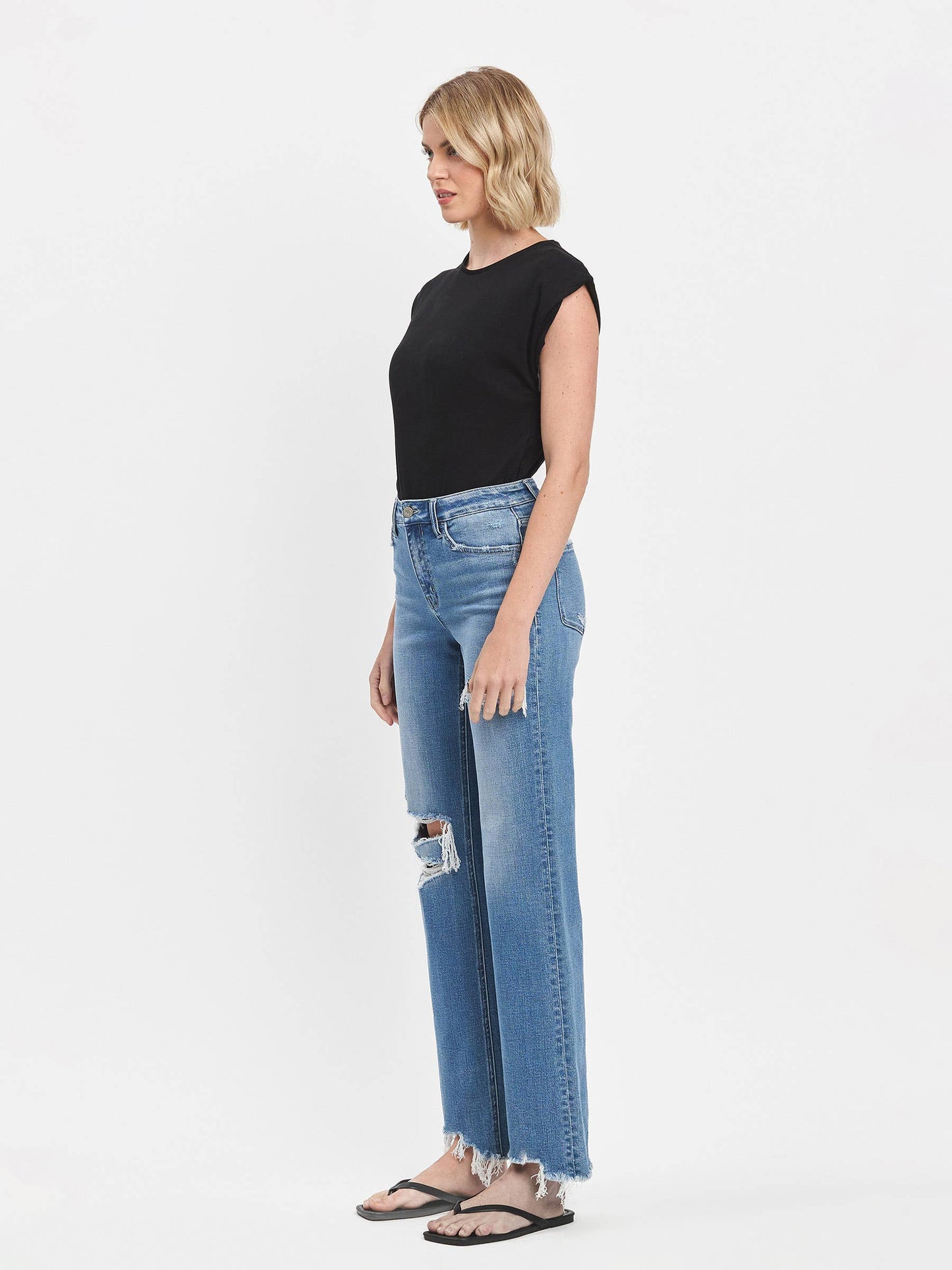 ALIYAH HIGH RISE MEDIUM WASH DISTRESSED SLIM WIDE JEANS