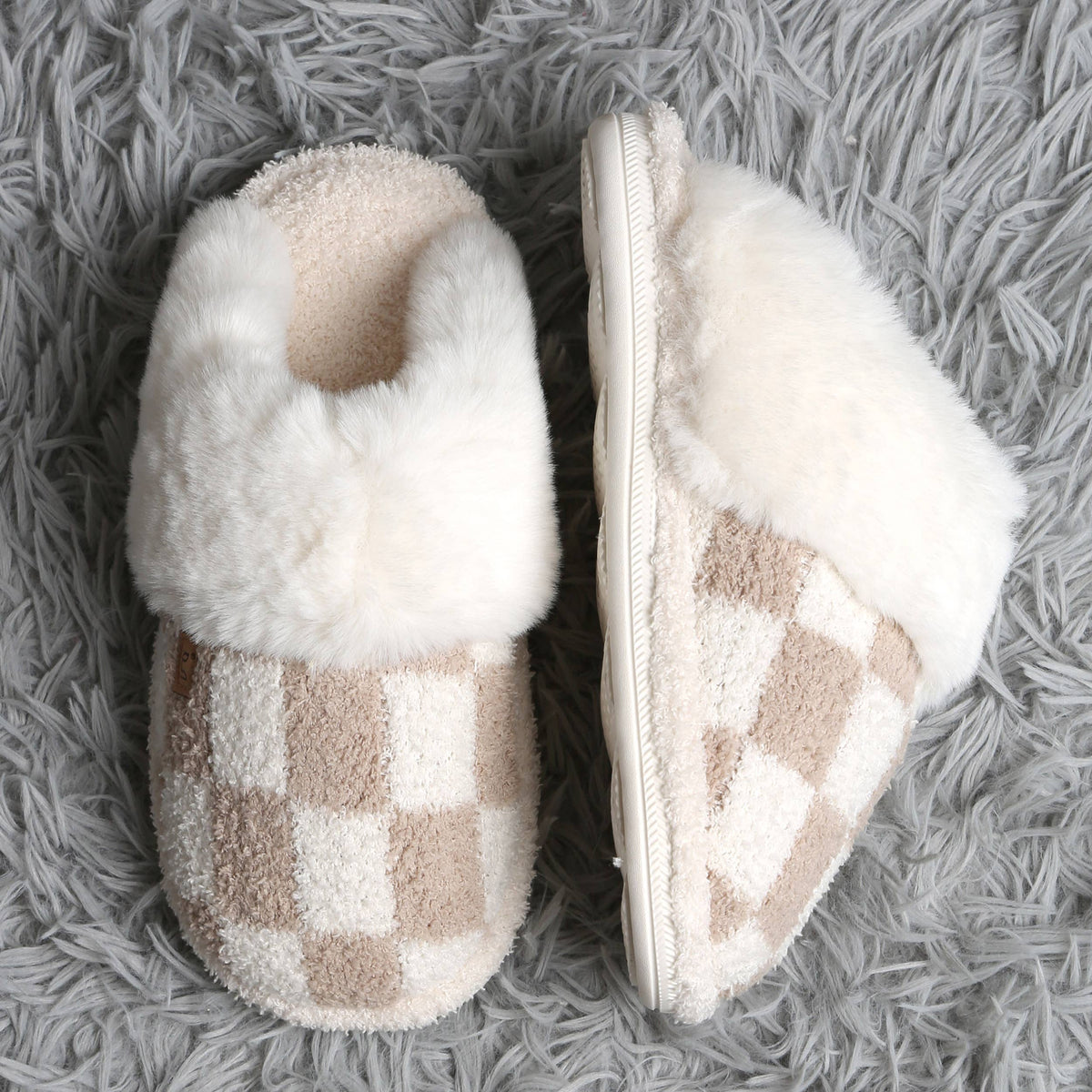 Checkered Faux Fur Cuff Mule Winter Slippers