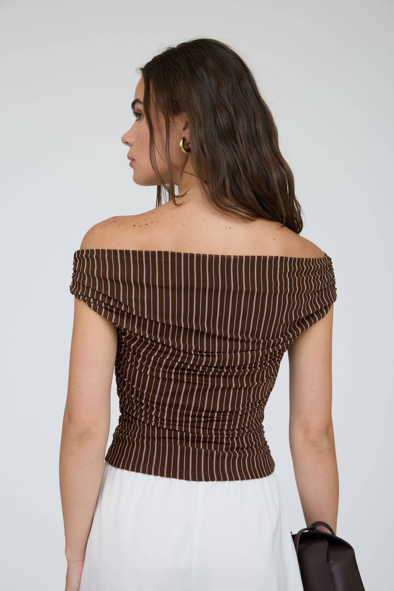 STRIPE OFF THE SHOULDER RUCHED DETAIL KNIT TOP