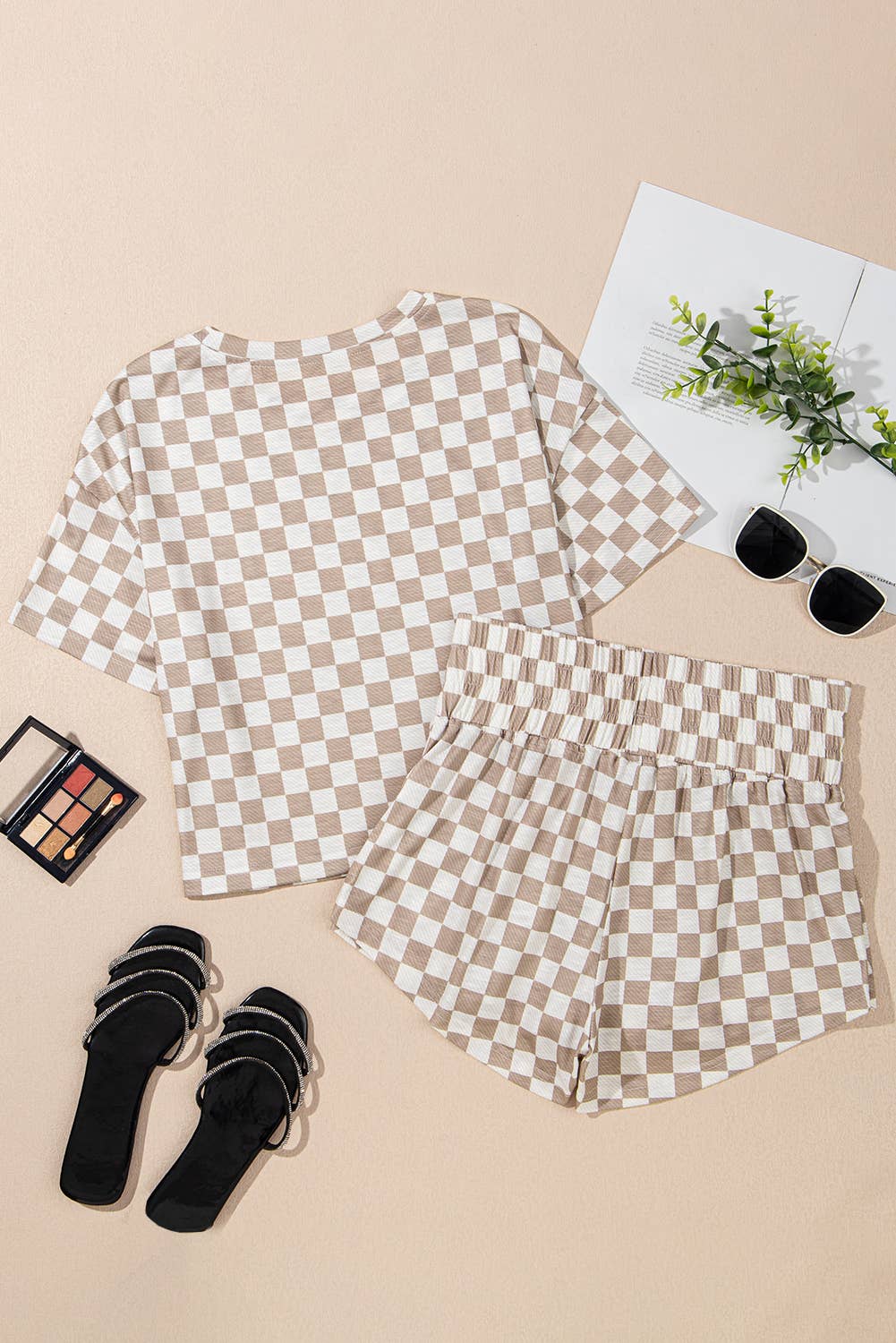Checkerboard T-Shirt & High-Waist Skorts 2-Piece Set