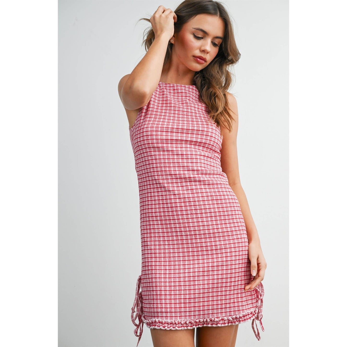 Red check mini dress