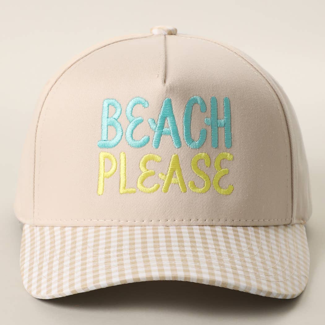 BEACH PLEASE Embroidered Gingham Brim Trucker Hat