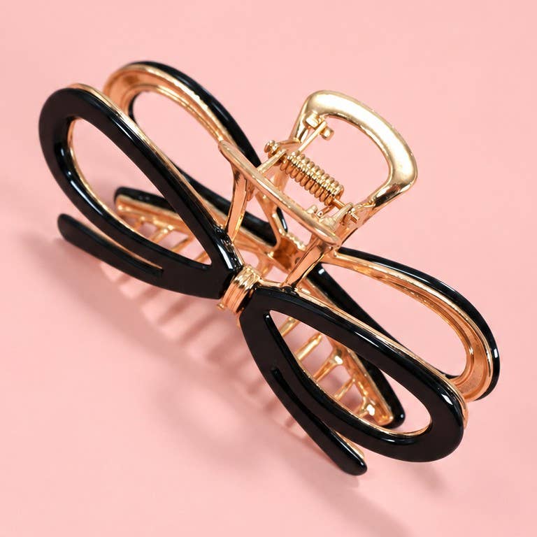 Open Ribbon Bow Gold-Tone Metal Hair Claw Clips