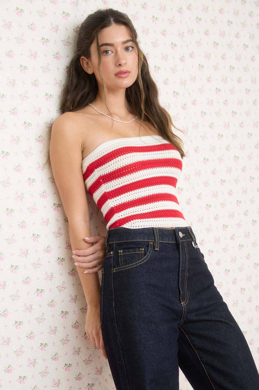STRIPE STRAPLESS CROCHET KNIT TUBE TOP