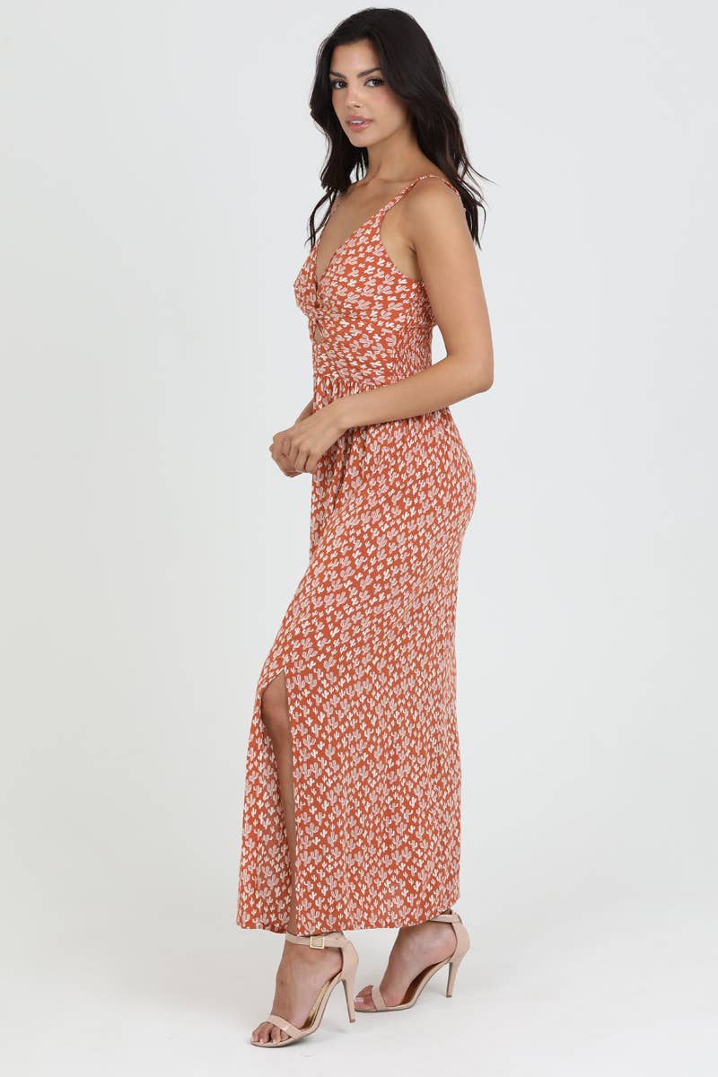 F4B48-W980 V NECK TWIST FRONT MAXI DRESS WITH CUTOUT