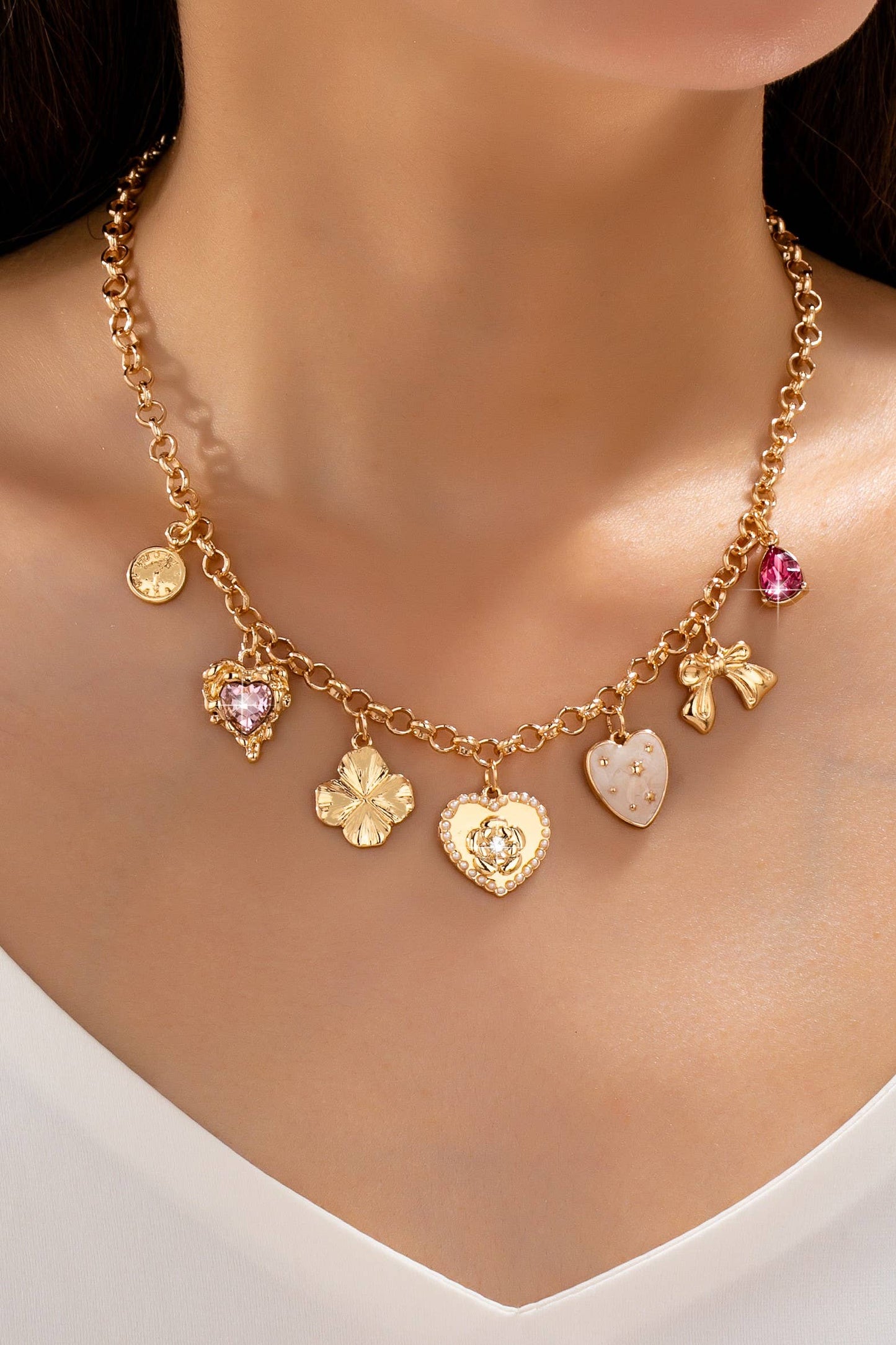 Vintage-Inspired Floral Heart Stone Charm Necklace| 80N93571