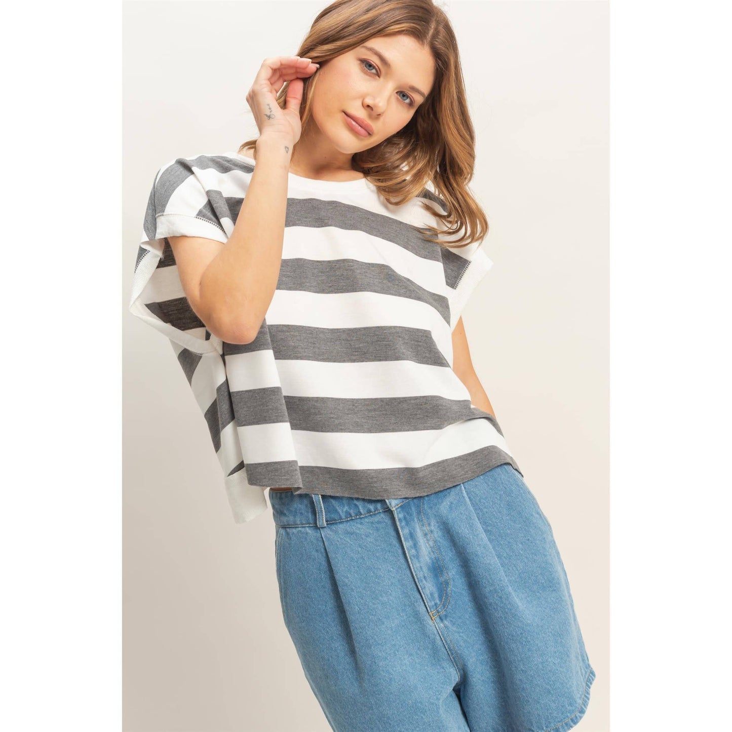 Striped open backCrew Neck Top