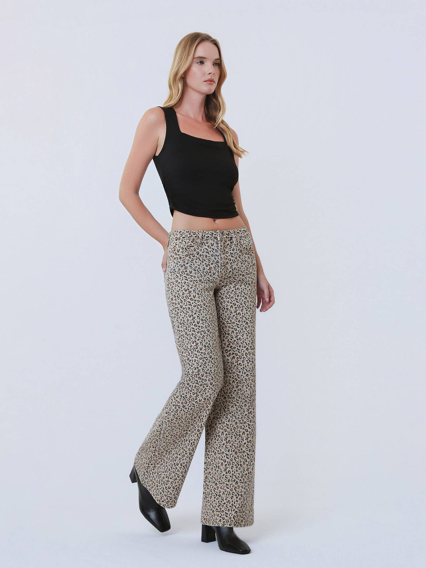 MID RISE LEOPARD PRINT WIDE LEG JEANS