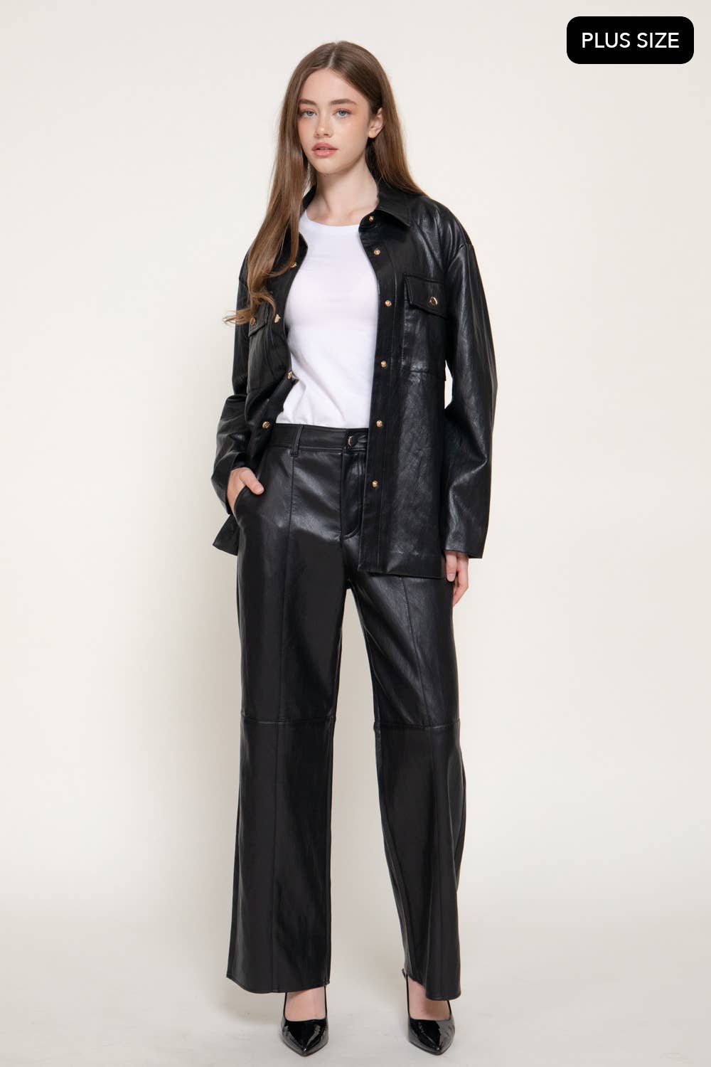 [PLUS SIZE] Straight Leg Texture Faux Leather Long Pants