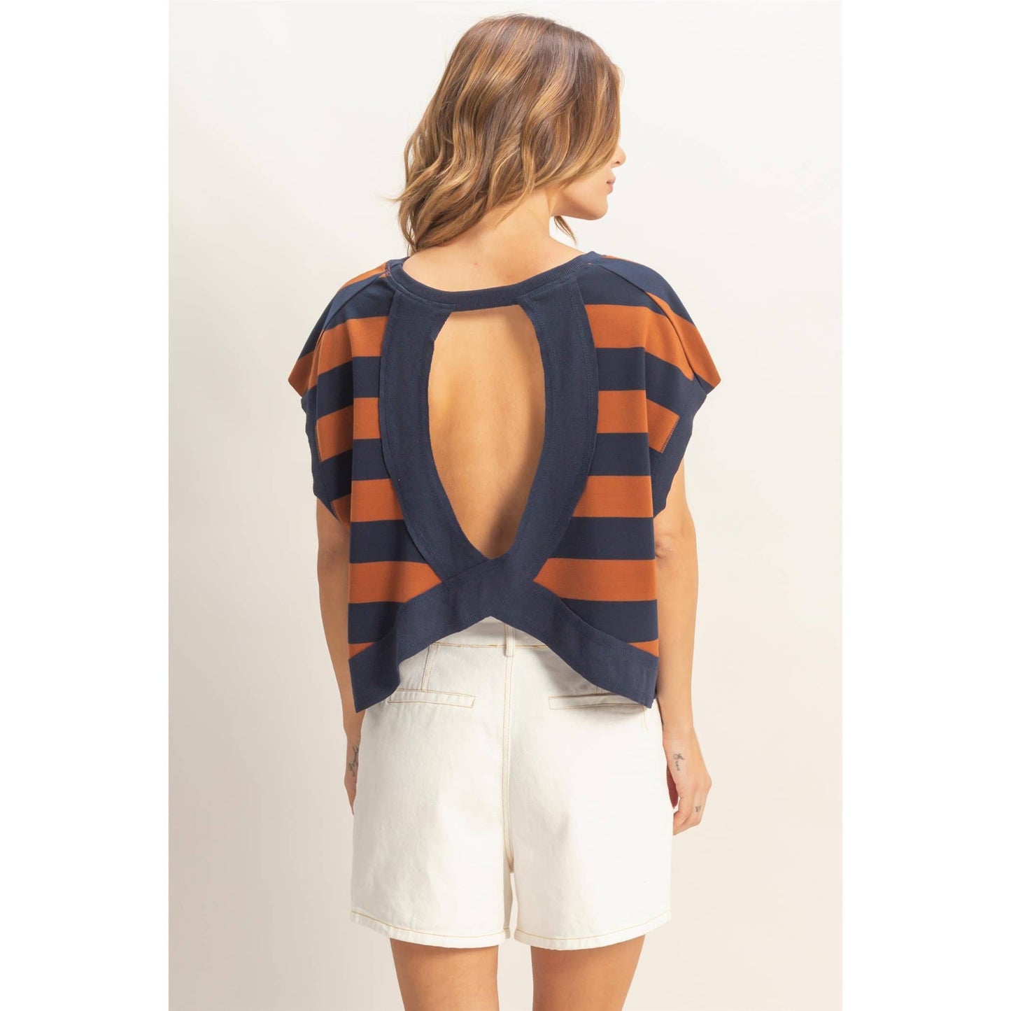 Striped open backCrew Neck Top