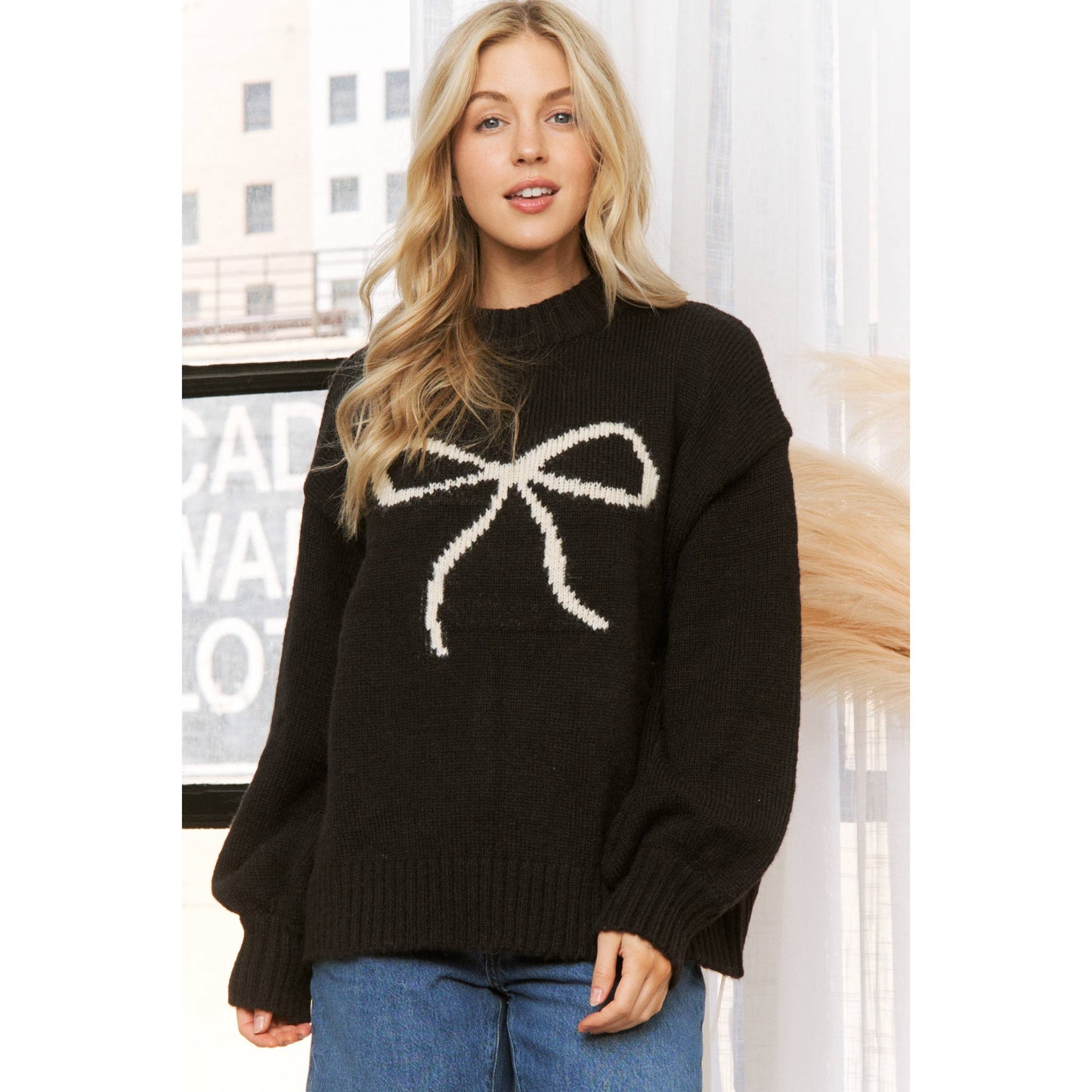 BIG BOW CONTRAST JAQUARD SWEATER PULLOVER