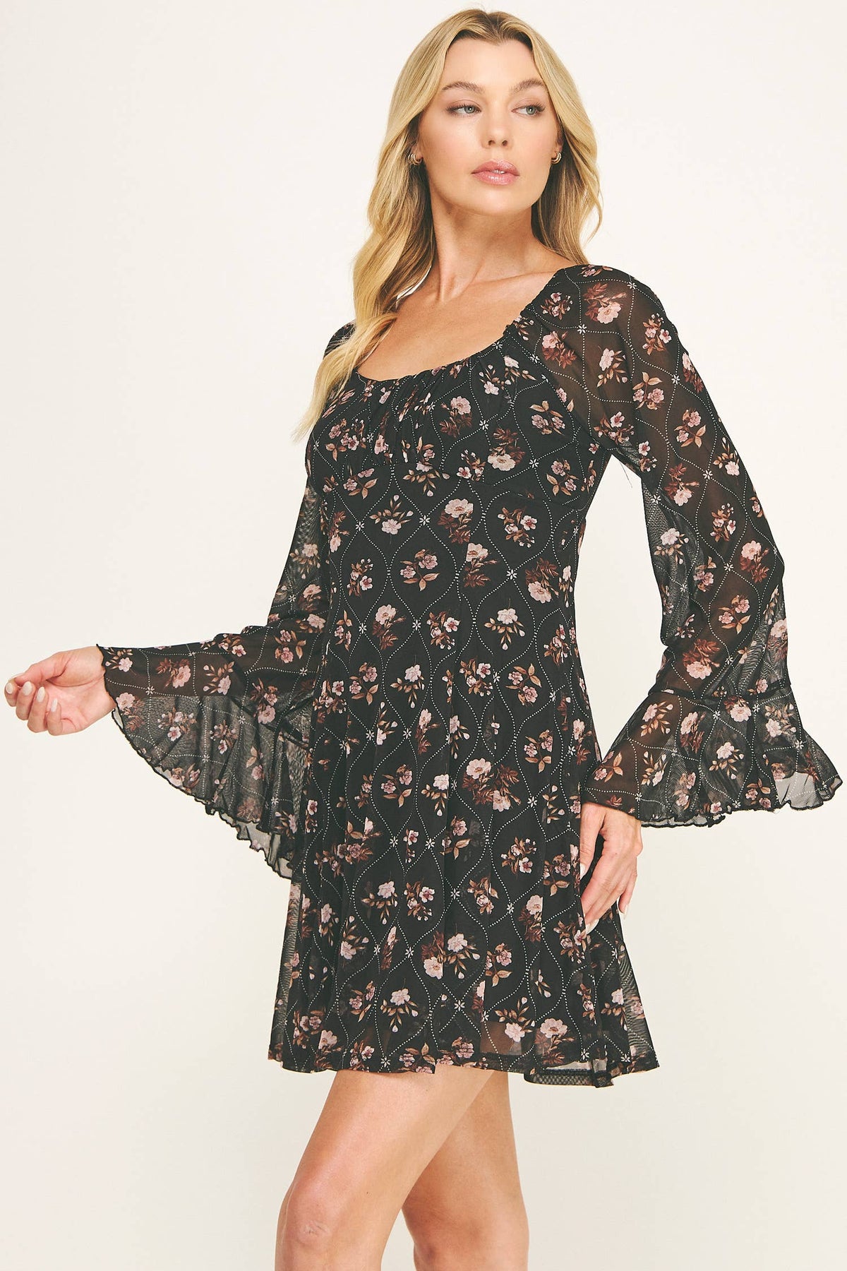 FLORAL MESH BELL SLEEVE FIT & FLARE DRESS