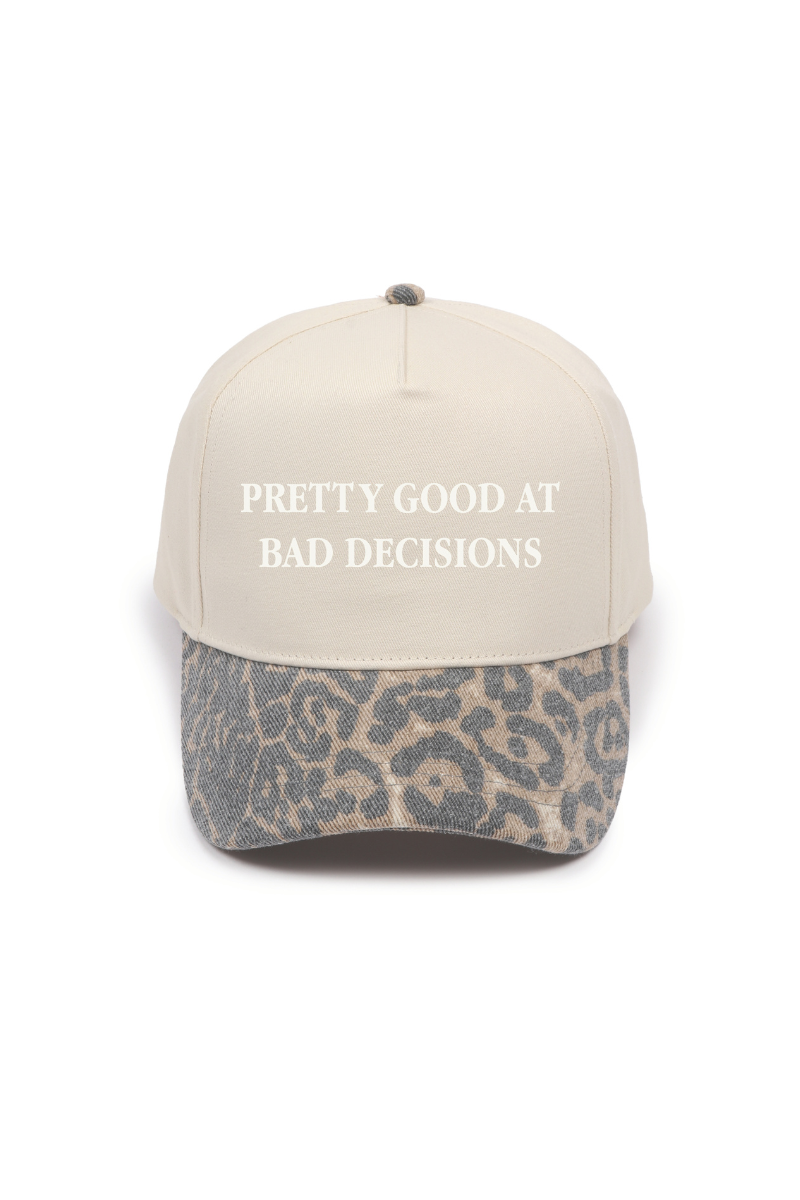 PRETTY GOOD AT BAD DECISION Embroidered Leopard Print Cap